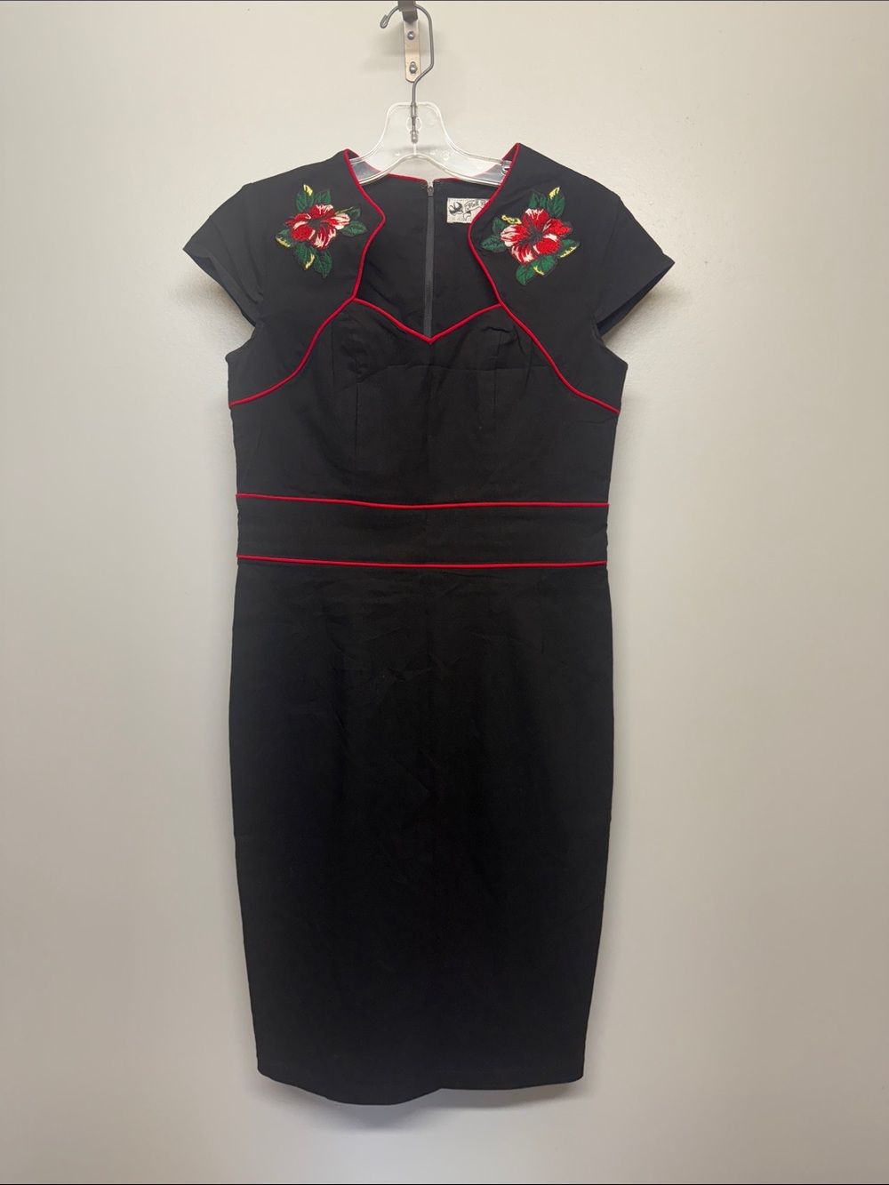 Hell Bunny Vixen Black Midi Dress with Red Piping and Rose Floral Embroidery